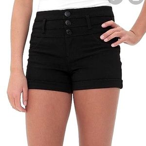 High Rise Fold Up Black Denim Shorts with Pockets